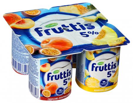Йогурт. FRUTTIS Сливочное лакомство" Персик-марак/ананас-дыня 5% 115гр