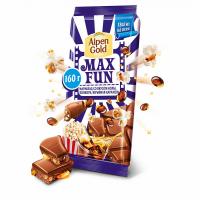 Шоколад Alpen Gold Max Fun молочный с мармеладом, вкус колы, попкорн и взрывная карамель, 160г